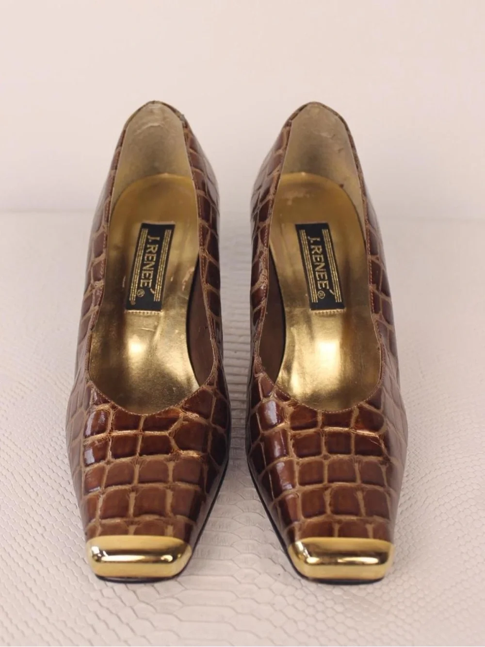 J.Renee Brown Croc-Embossed Pumps with Gold Toe Cap